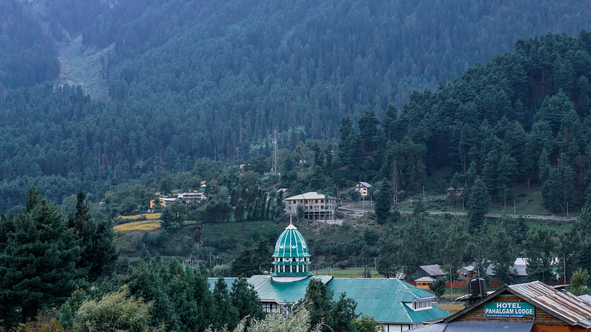 Pahalgam town nestled in a lush valley