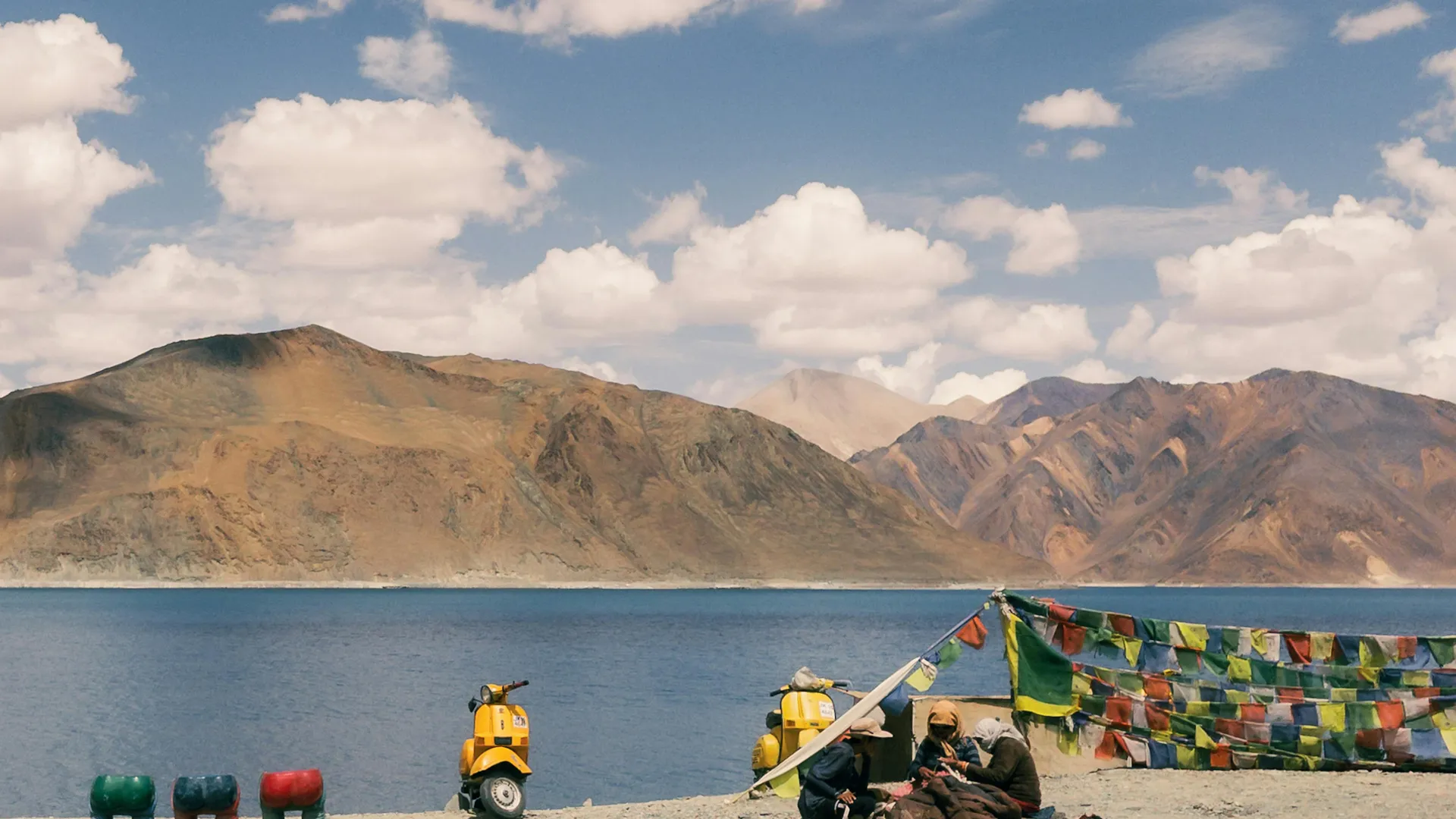 Pangong Lake with colorful prayer flags