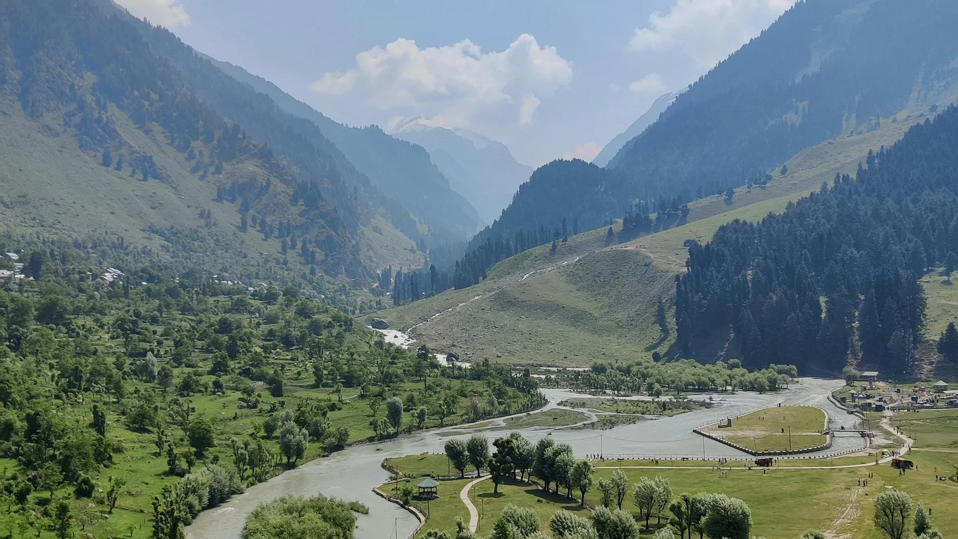 Aerial view of Pahalgam valley with river