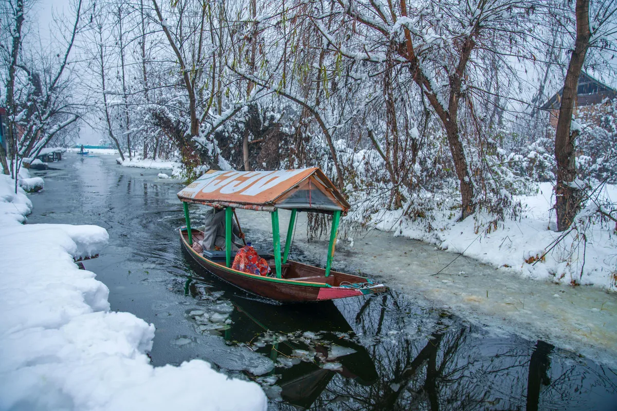 Winter boat scene in Kashmir during cold season